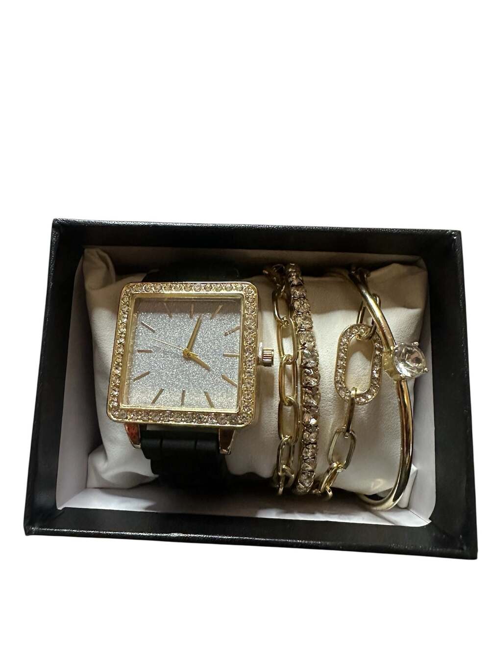 Montres Carlo Women's Square Rhinestone Bezel Watch and Bracelet Gift Box Set